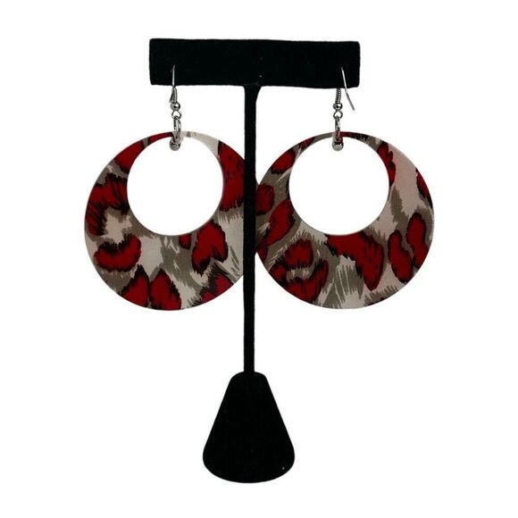 Vtg Dangle Earrings Women's 3 1/4" Red Gray Circle Acrylic Animal Print Pierced - Picture 2 of 7